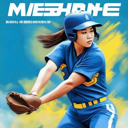 A masterfully created digital art book cover featuring a Chinese softball player in a vibrant blue uniform