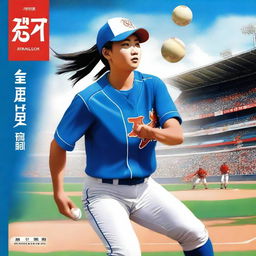 A masterfully created digital art book cover featuring a Chinese softball player in a vibrant blue uniform