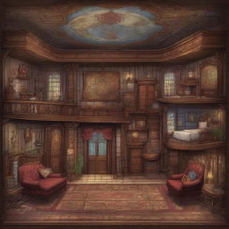 A collection of high-quality digital art pieces, each depicting a different room of a grand mansion, designed in the style of a Dungeons and Dragons map