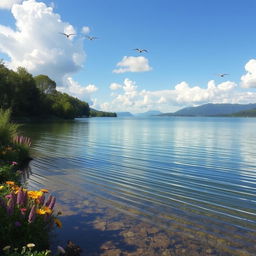 A clear and vivid image of a serene lake surrounded by lush greenery, with gentle ripples on the water reflecting the blue sky and fluffy clouds