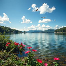 A clear and vivid image of a serene lake surrounded by lush greenery, with gentle ripples on the water reflecting the blue sky and fluffy clouds