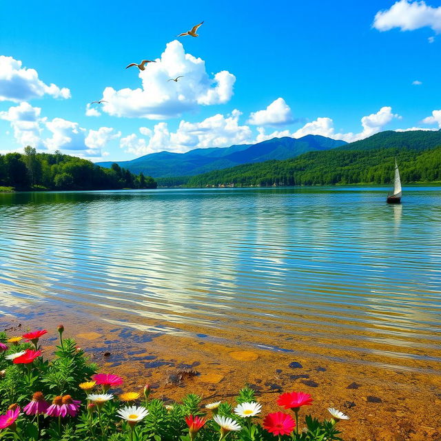 A clear and vivid image of a serene lake surrounded by lush greenery, with gentle ripples on the water reflecting the blue sky and fluffy clouds