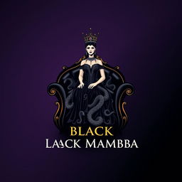 A luxurious logo design representing Black Mamba, featuring a regal queen seated elegantly on a sleek black chair