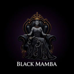 A luxurious logo design representing Black Mamba, featuring a regal queen seated elegantly on a sleek black chair