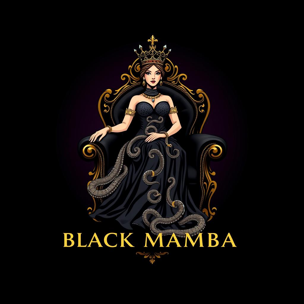 A luxurious logo design representing Black Mamba, featuring a regal queen seated elegantly on a sleek black chair