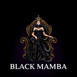 A luxurious logo design representing Black Mamba, featuring a regal queen seated elegantly on a sleek black chair