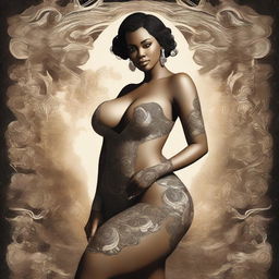 A digital art piece featuring a woman in a tasteful pose, highlighting her curvaceous figure