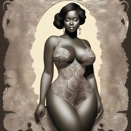 A digital art piece featuring a woman in a tasteful pose, highlighting her curvaceous figure