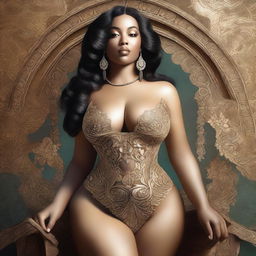 A digital art piece featuring a woman in a tasteful pose, highlighting her curvaceous figure