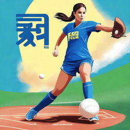 A digital art book cover, reminiscent of the style seen in 'Kicks' by Alex Morgan, features a Chinese softball player in a bright blue uniform