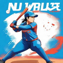 A high-quality digital art book cover featuring a Chinese softball player in a vibrant blue uniform