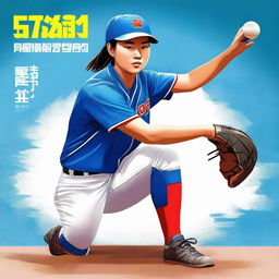 A high-quality digital art book cover featuring a Chinese softball player in a vibrant blue uniform