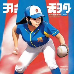 A high-quality digital art book cover featuring a Chinese softball player in a vibrant blue uniform