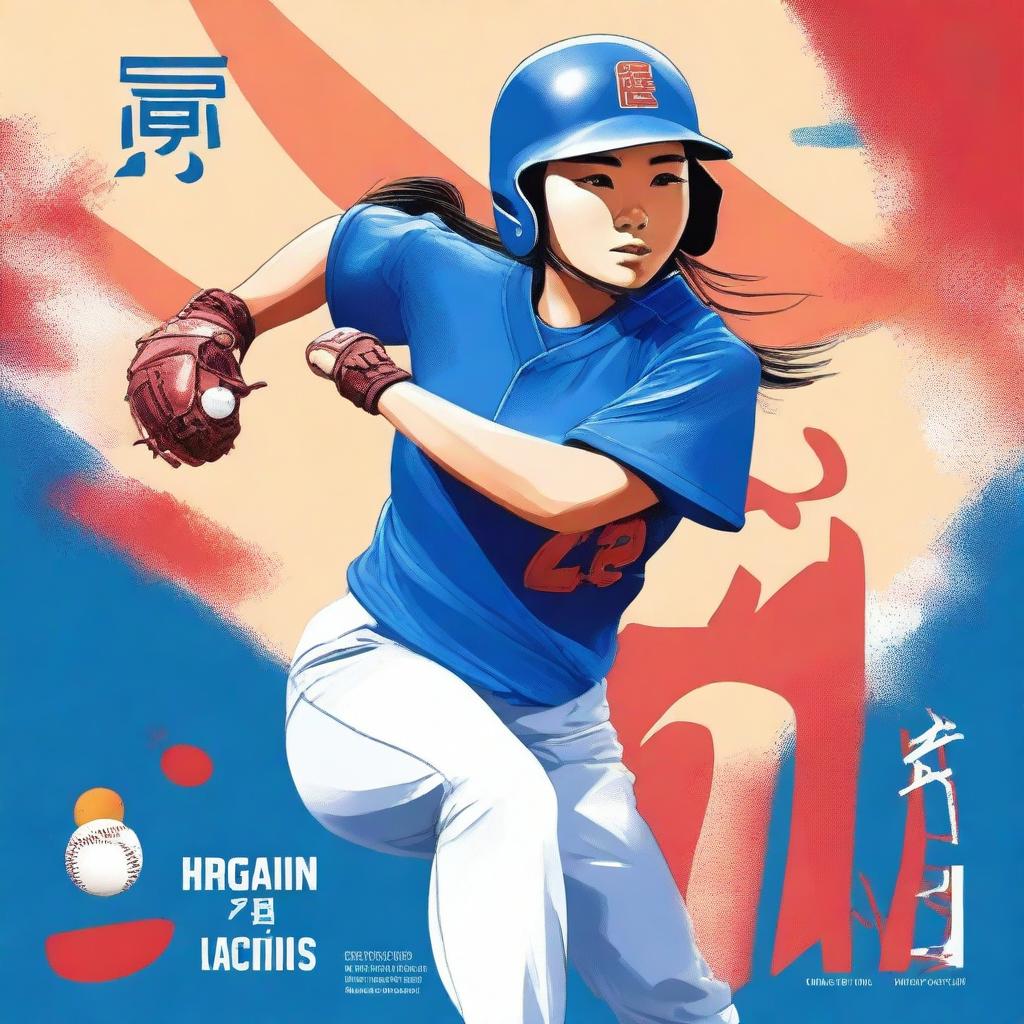 A high-quality digital art book cover featuring a Chinese softball player in a vibrant blue uniform