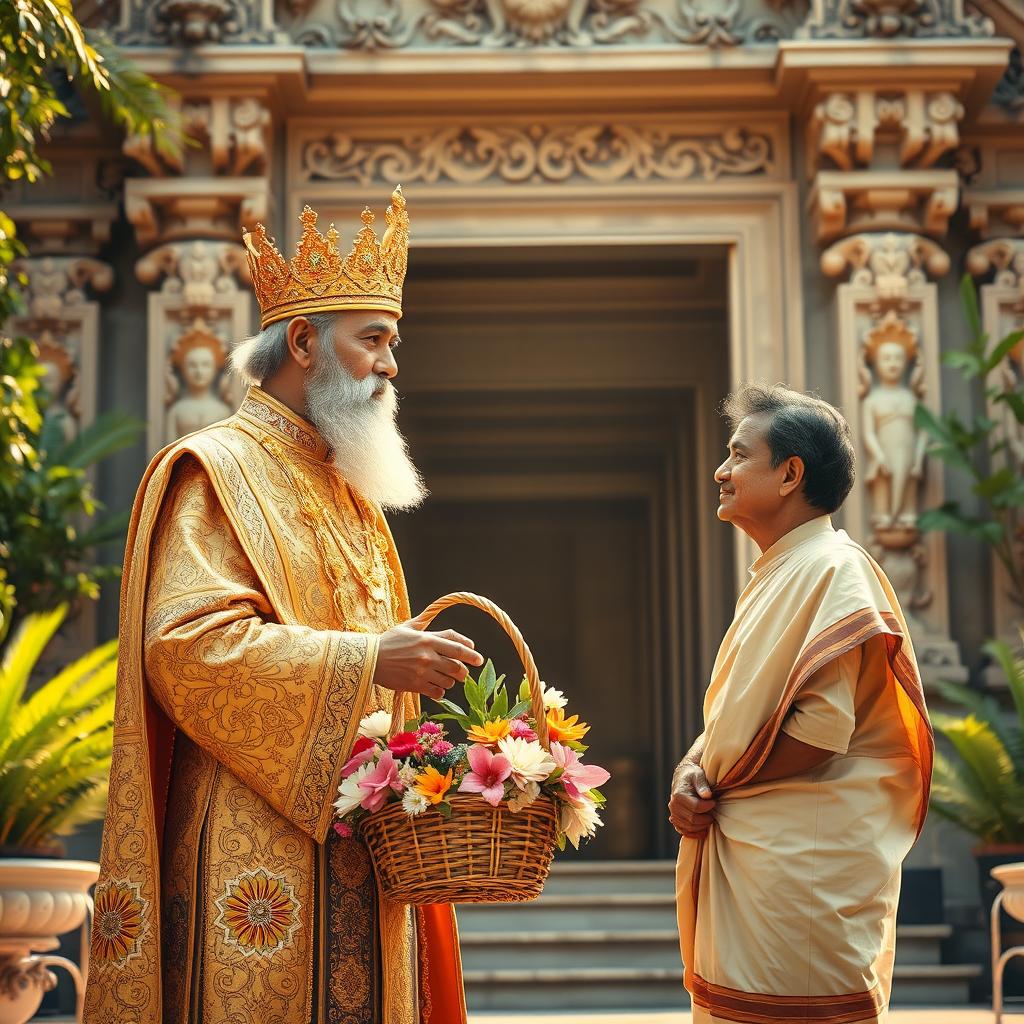 A majestic king dressed in regal attire featuring intricate designs and a striking golden crown