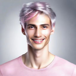 A high-quality digital art image featuring a slender, attractive male with a unique hair color combination of silver and pink