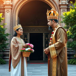 A majestic king dressed in regal attire featuring intricate designs and a striking golden crown
