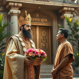 A majestic king dressed in regal attire featuring intricate designs and a striking golden crown