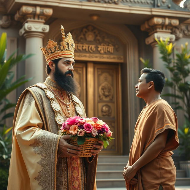 A majestic king dressed in regal attire featuring intricate designs and a striking golden crown