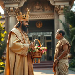 A majestic king dressed in regal attire featuring intricate designs and a striking golden crown