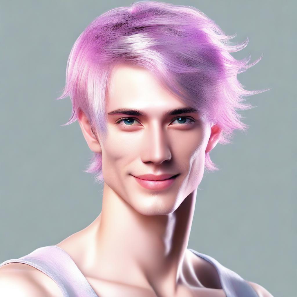 A high-quality digital art image featuring a slender, attractive male with a unique hair color combination of silver and pink