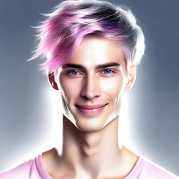 A high-quality digital art image featuring a slender, attractive male with a unique hair color combination of silver and pink