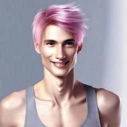 A high-quality digital art image featuring a slender, attractive male with a unique hair color combination of silver and pink