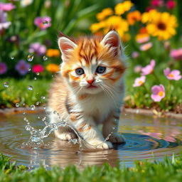 A cute kitten playing with water, featuring fluffy fur, sparkling eyes, and playful posture