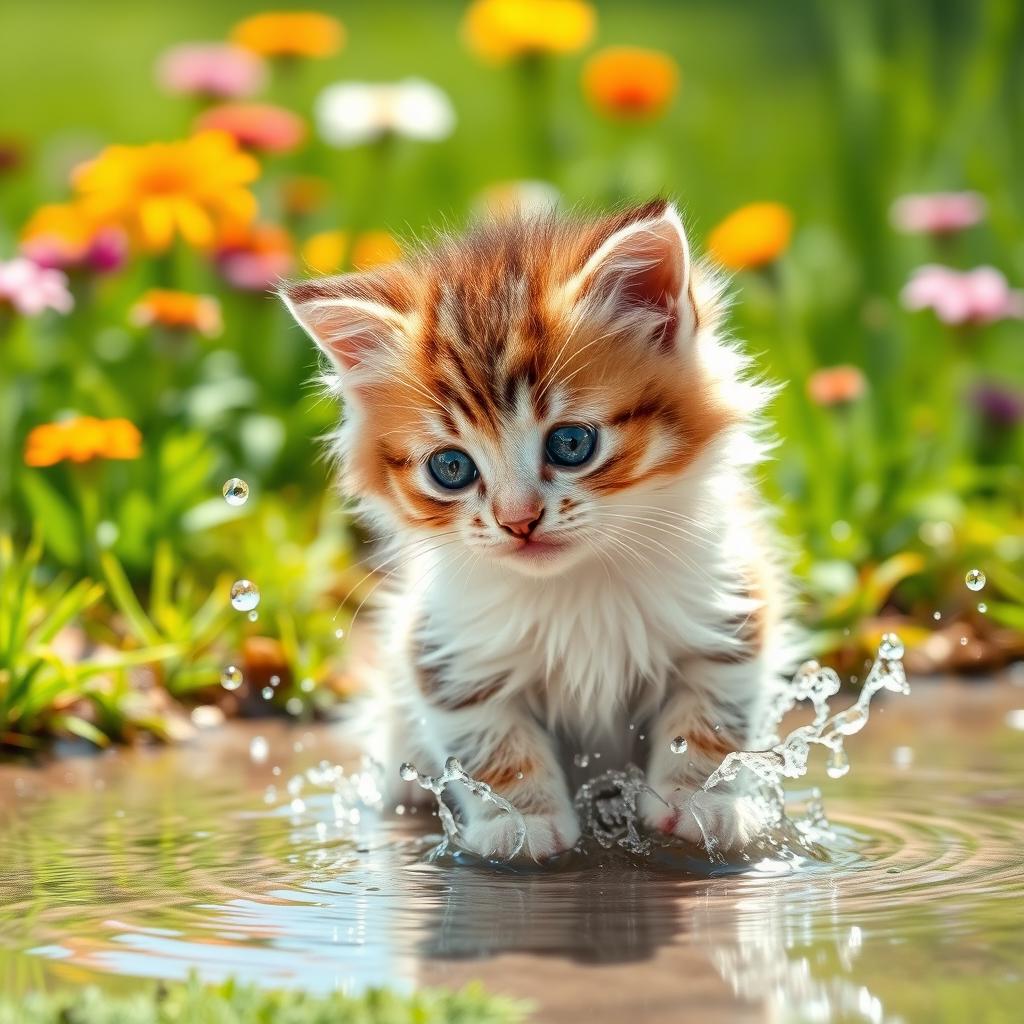 A cute kitten playing with water, featuring fluffy fur, sparkling eyes, and playful posture