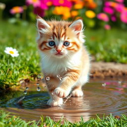 A cute kitten playing with water, featuring fluffy fur, sparkling eyes, and playful posture
