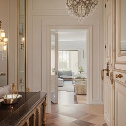 A small, two-bedroom home designed with a royal aesthetic, adorned with luxurious fixtures and refined architectural details.