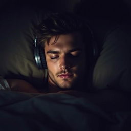 A handsome man with striking features, peacefully sleeping in a dark room