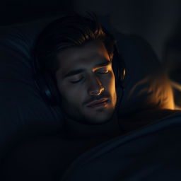 A handsome man with striking features, peacefully sleeping in a dark room