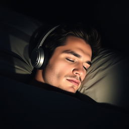 A handsome man with striking features, peacefully sleeping in a dark room
