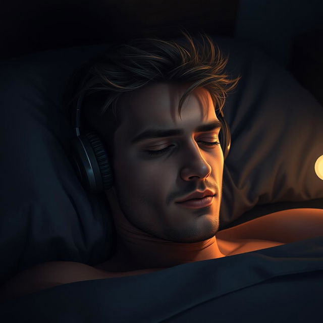 A handsome man with striking features, peacefully sleeping in a dark room