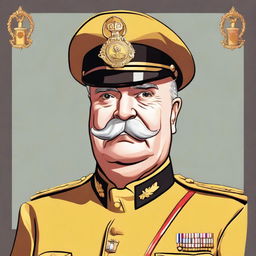 A high-quality digital art portrait of Colonel Mustard from the Clue board game, depicted as a 55-year-old man