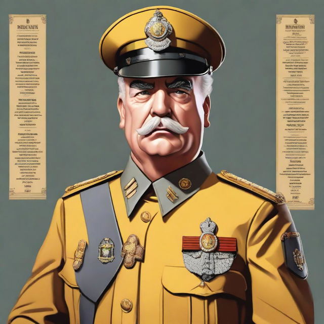 A high-quality digital art portrait of Colonel Mustard from the Clue board game, depicted as a 55-year-old man