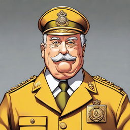 A high-quality digital art portrait of Colonel Mustard from the Clue board game, depicted as a 55-year-old man