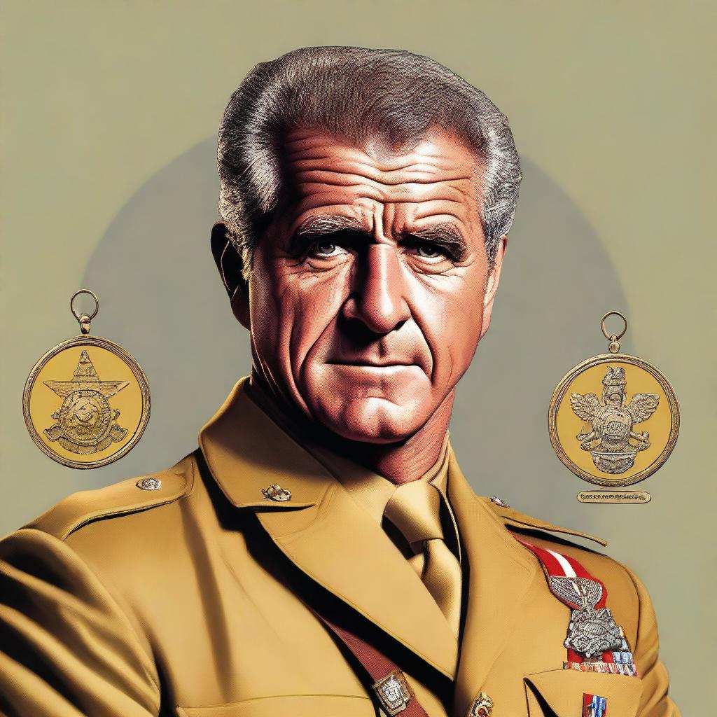 A realistic digital art portrait of Mel Gibson, portrayed as Colonel Mustard from the Clue board game