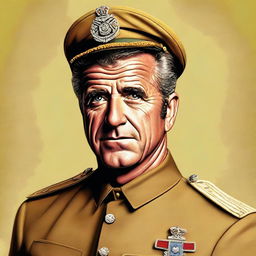 A realistic digital art portrait of Mel Gibson, portrayed as Colonel Mustard from the Clue board game