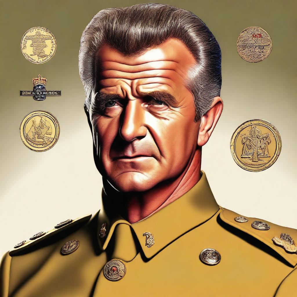 This is a detailed digital art portrait of a 50-year-old Mel Gibson, portrayed as Colonel Mustard from the Clue board game