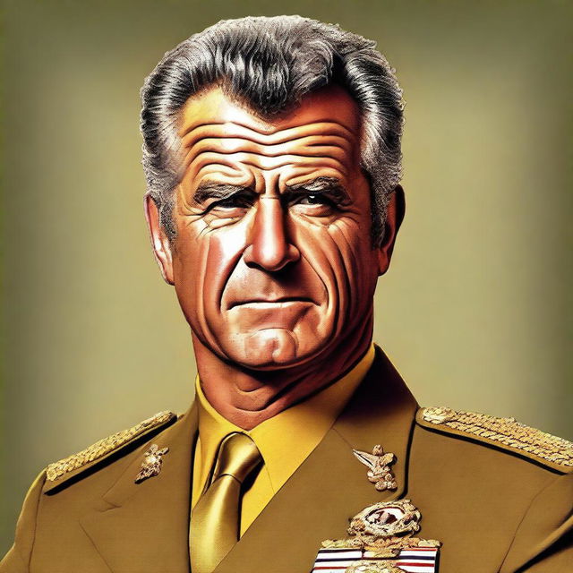 This is a detailed digital art portrait of a 50-year-old Mel Gibson, portrayed as Colonel Mustard from the Clue board game