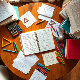 An overhead view of a wooden table covered with various math objects and notes