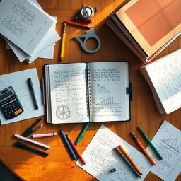 An overhead view of a wooden table covered with various math objects and notes