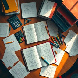An overhead view of a wooden table covered with various math objects and notes