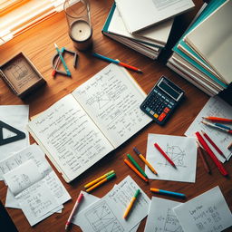 An overhead view of a wooden table covered with various math objects and notes