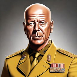 A high-quality digital art portrait of Bruce Willis, portrayed as Colonel Mustard from the Clue board game