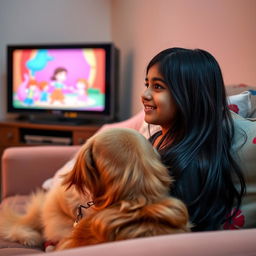 An Indian girl with long black hair, wearing a comfortable home outfit, sitting on a sofa watching TV