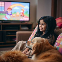 An Indian girl with long black hair, wearing a comfortable home outfit, sitting on a sofa watching TV