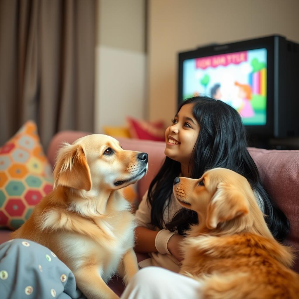An Indian girl with long black hair, wearing a comfortable home outfit, sitting on a sofa watching TV